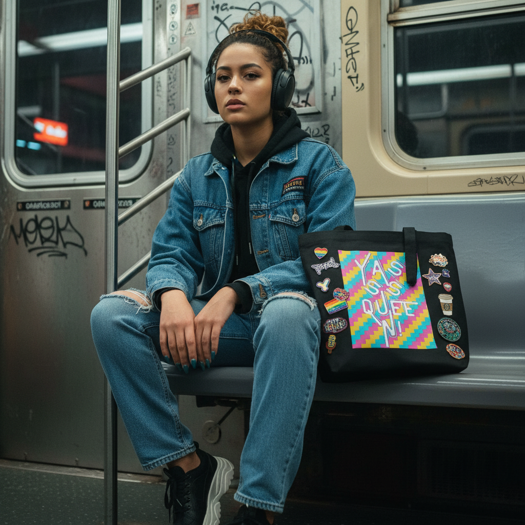 Young woman on subway seat with a YAS QUEEN! Eco Tote Bag, adorned with colorful patches and pins, showcasing queer pride and self-expression. Perfect for stylish, eco-conscious individuals embracing vibrant, authentic identities.