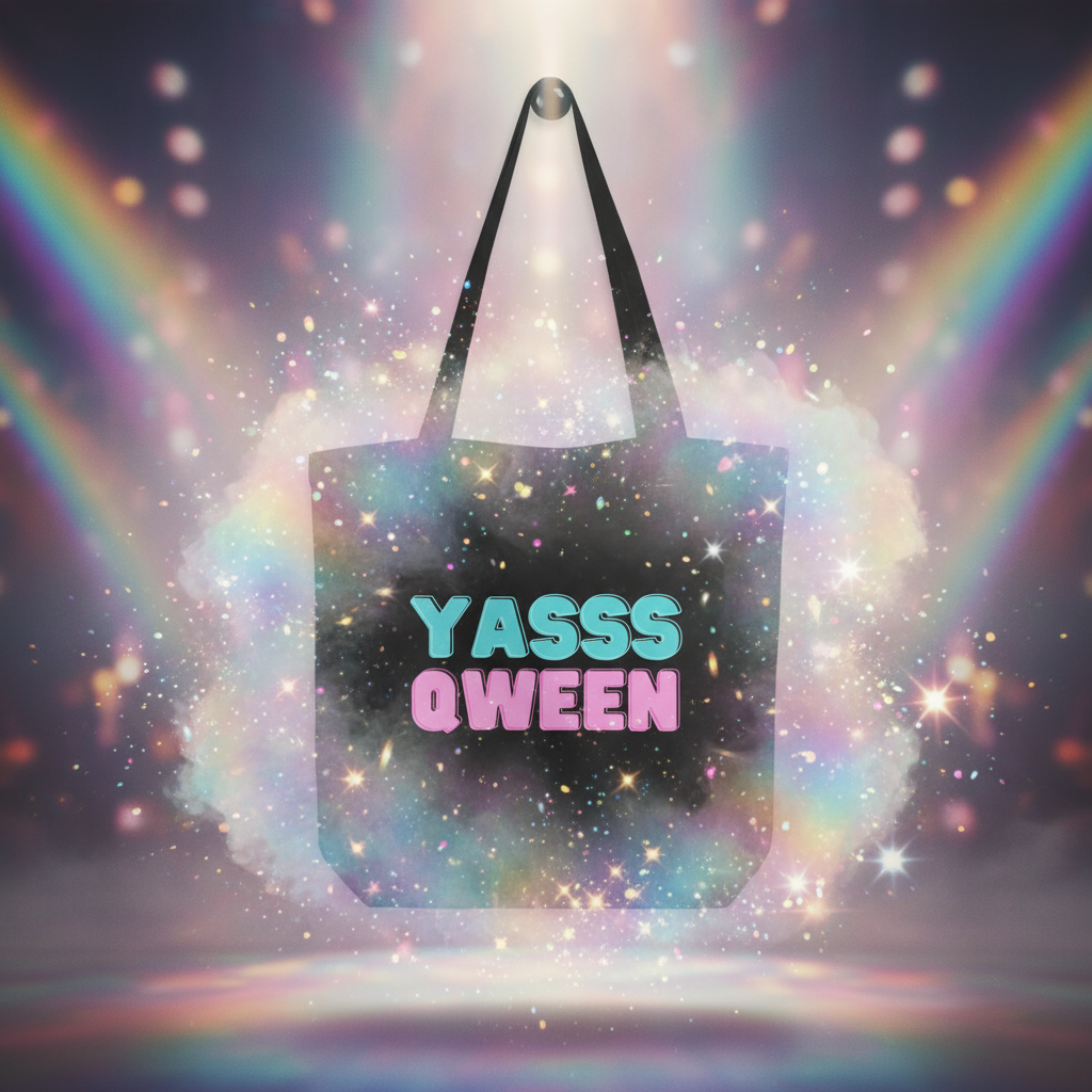 Yasss Qween Eco Tote Bag: A black organic cotton tote with YASSS QWEEN in teal and pink bubbly letters, exudes cosmic, prideful energy, perfect for expressing bold, joyful self-expression.