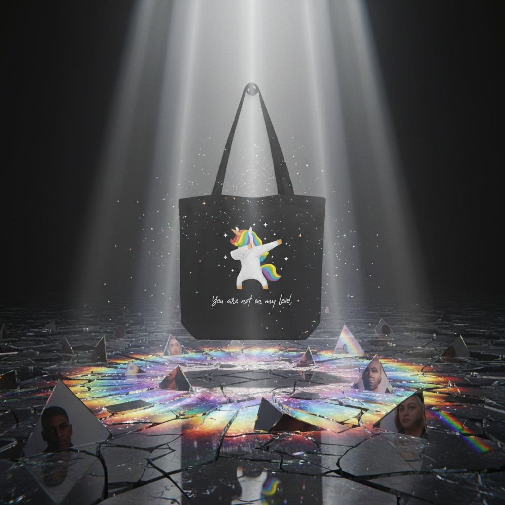 You Are Not On My Level Eco Tote Bag illuminated in a spotlight, featuring a dabbing unicorn and empowering phrase, surrounded by rainbow shards and cosmic sparkles, embodying queer pride and self-expression.