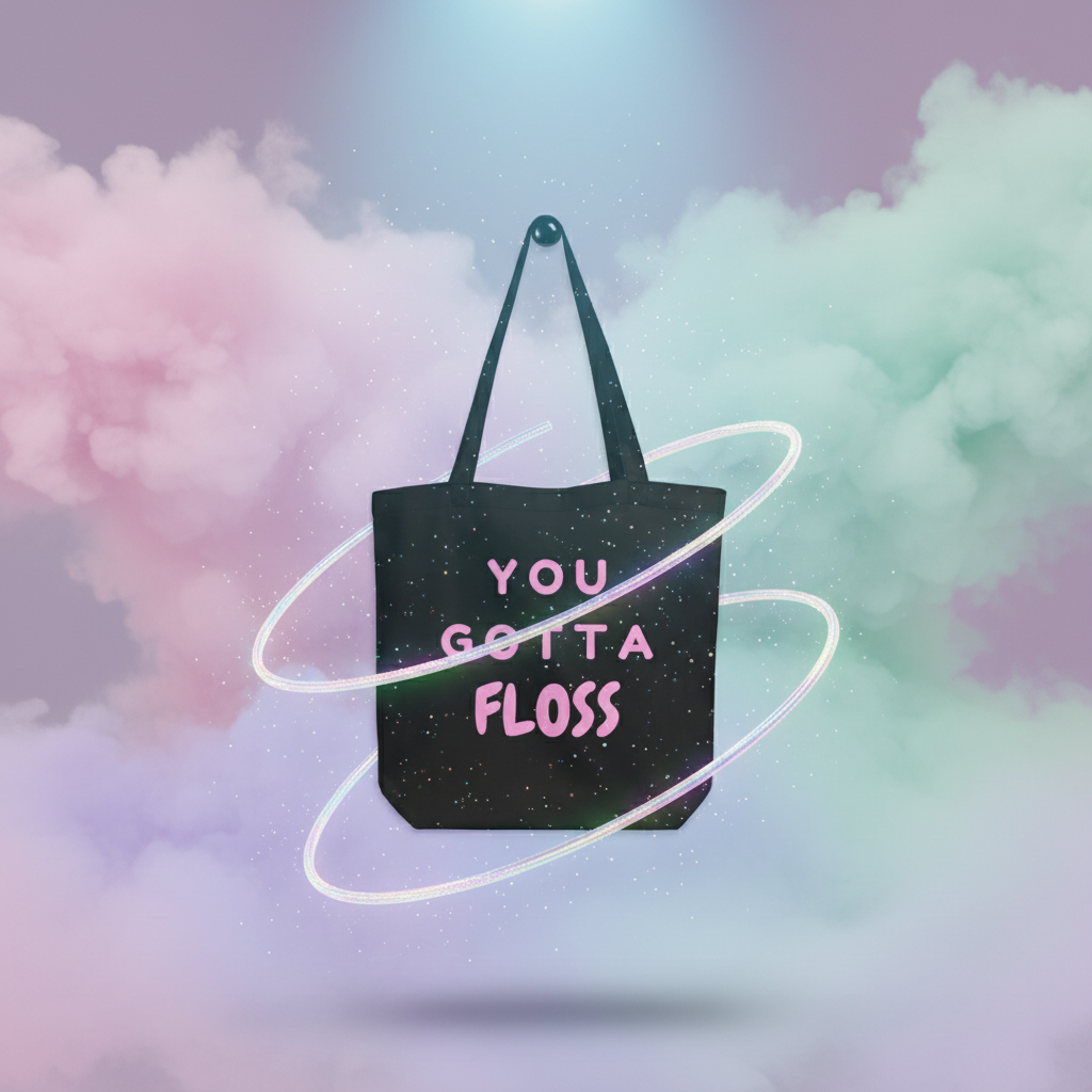 You Gotta Floss Eco Tote Bag with bold pink lettering, surrounded by glowing rings, embodies queer pride and eco-consciousness, perfect for carrying essentials while making a vibrant, empowering statement.