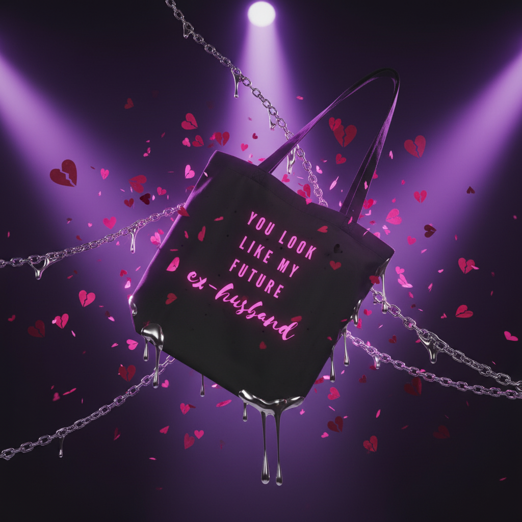 You Look Like My Future Ex-husband Eco Tote Bag, floating dramatically with silvery chains, vibrant pink letters, and playful heart shapes, embodies bold queer expression and eco-conscious chic.