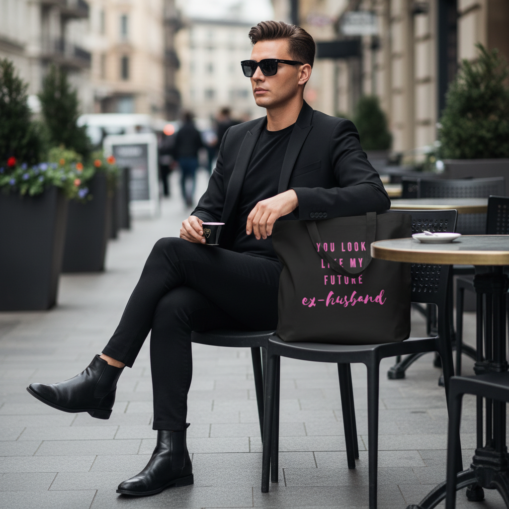 You Look Like My Future Ex-husband" eco tote bag in pink letters on canvas, beside a queer man in all-black at a city café table.