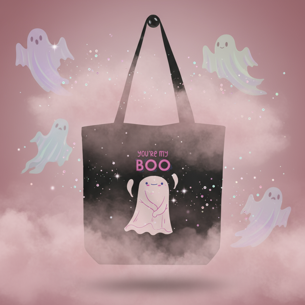 You're My Boo! Eco Tote Bag featuring a cute blushing ghost under “You’re my BOO” in pink. This organic cotton bag is perfect for showcasing prideful, eco-conscious style with queer, playful charm.