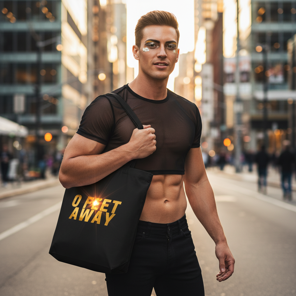Young person in sleek black attire carries the Zero Feet Away Grindr Eco Tote Bag, showcasing bold gold lettering, embodying queer pride and eco-consciousness amidst a vibrant urban backdrop.