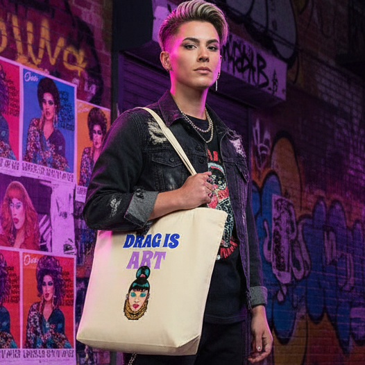 A young person confidently showcases the Drag Is Art Eco Tote Bag, featuring a drag performer illustration. This organic cotton tote embodies pride, self-expression, and eco-conscious empowerment in a vibrant urban setting.