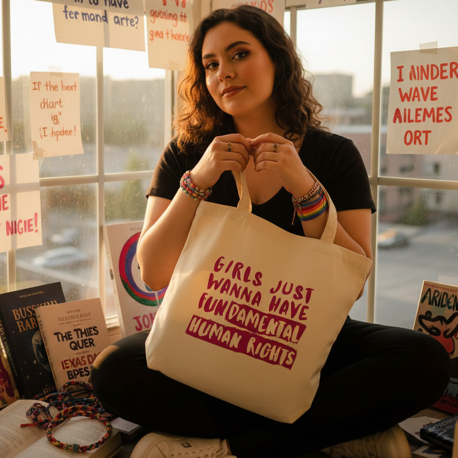 Young woman with wavy hair holds the Girls Just Wanna Have Fundamental Human Rights Eco Tote Bag, showcasing bold pink text. Surrounded by activism-themed elements, she embodies empowerment, visibility, and queer pride.