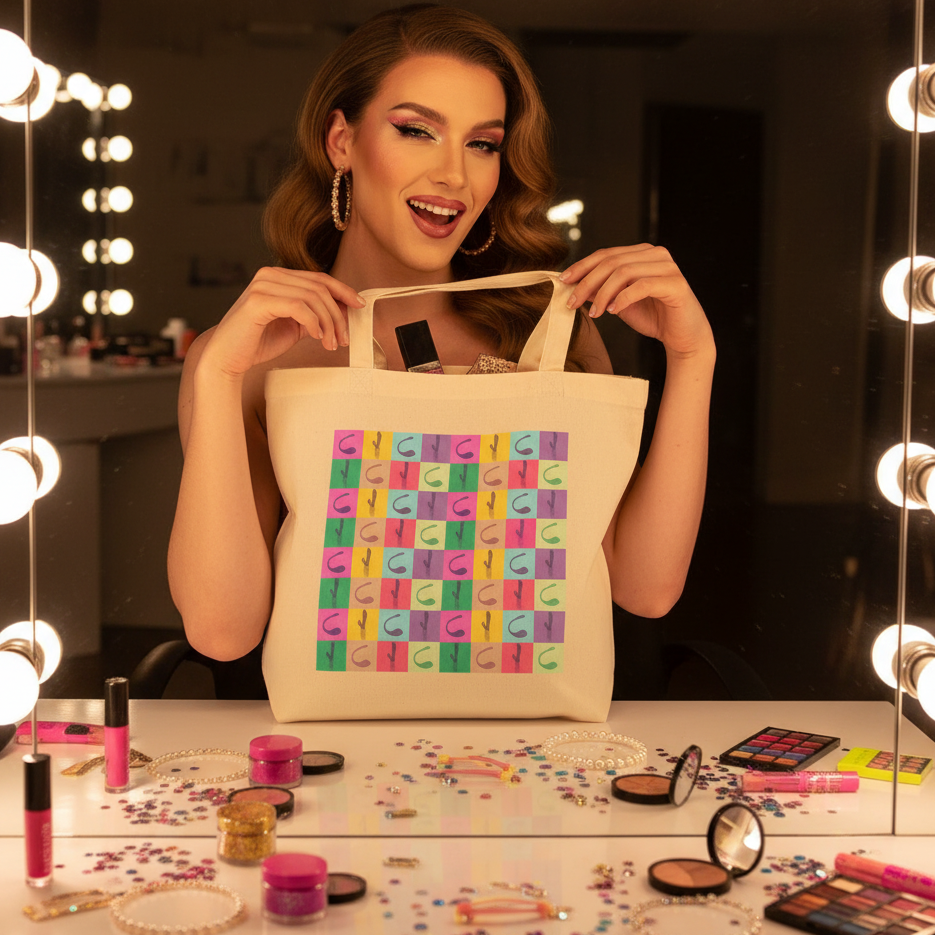 Glam-styled person at vanity showcases the Vibrator Pop Art Eco Tote Bag, a colorful, organic cotton tote with stylized C patterns, surrounded by beauty and craft items, exuding queer pride and empowerment.