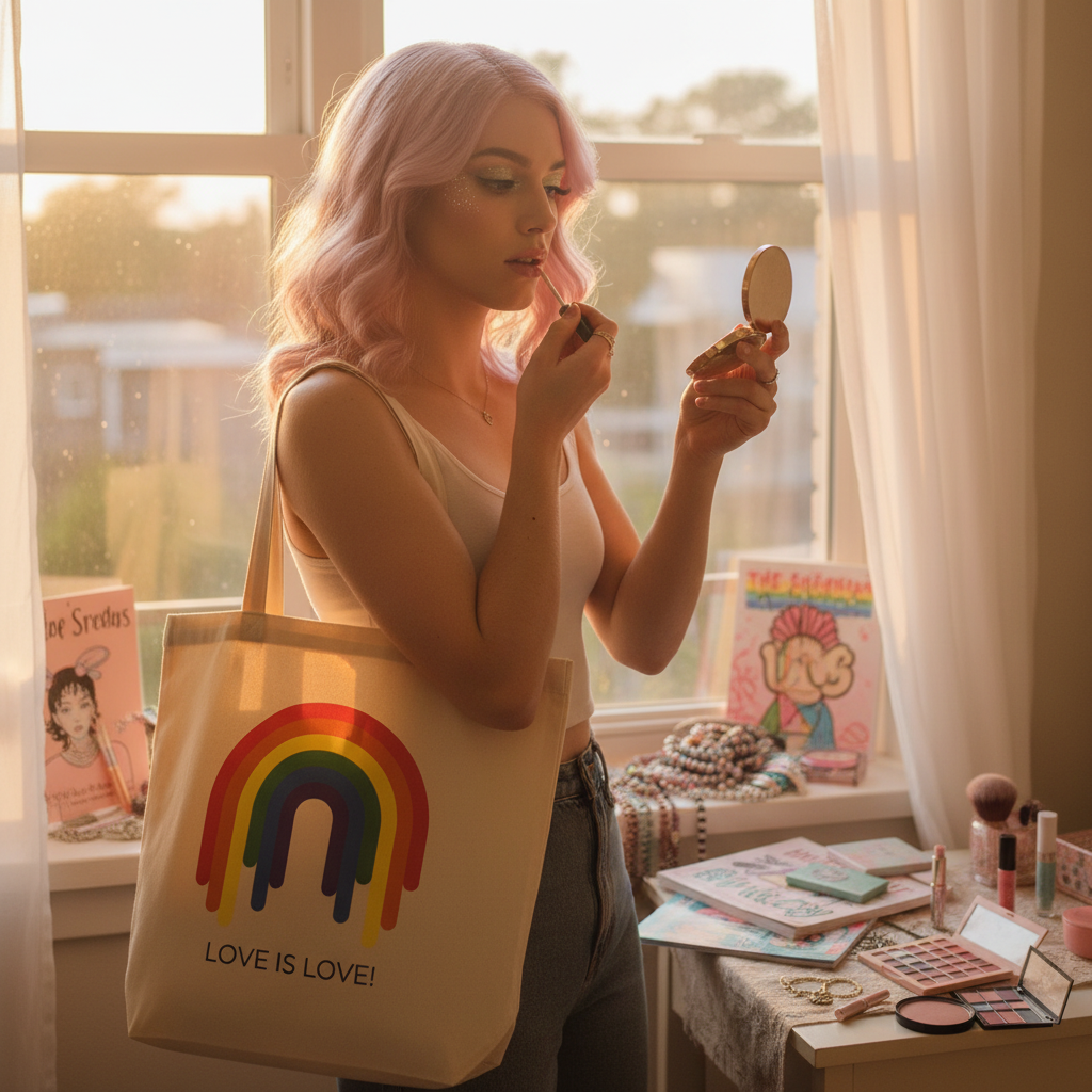 Young woman with pastel-pink hair, wearing a white tank top and jeans, applies lip gloss by a sunlit window. She carries the Love Is Love Eco Tote Bag, showcasing a dripping rainbow graphic.