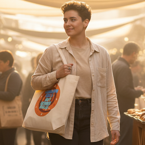 Young adult with short dark hair carries the Cinnamon Rolls Not Gender Roles Eco Tote Bag through a vibrant bazaar, embodying eco-conscious, queer pride with this spacious organic cotton tote in a lively morning market setting.