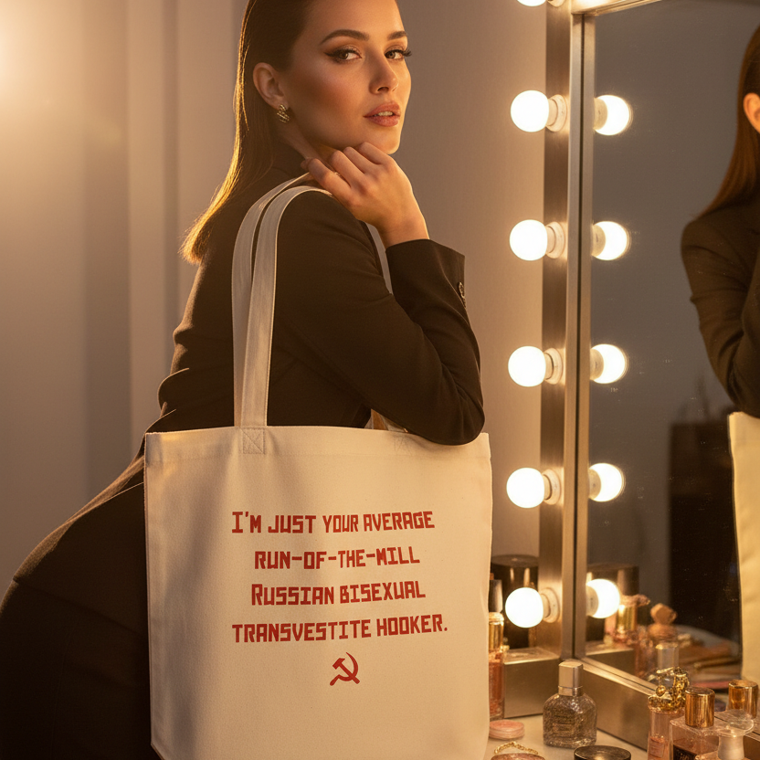 Cream tote bag with red text and hammer-and-sickle graphic, worn beside a lit vanity mirror
