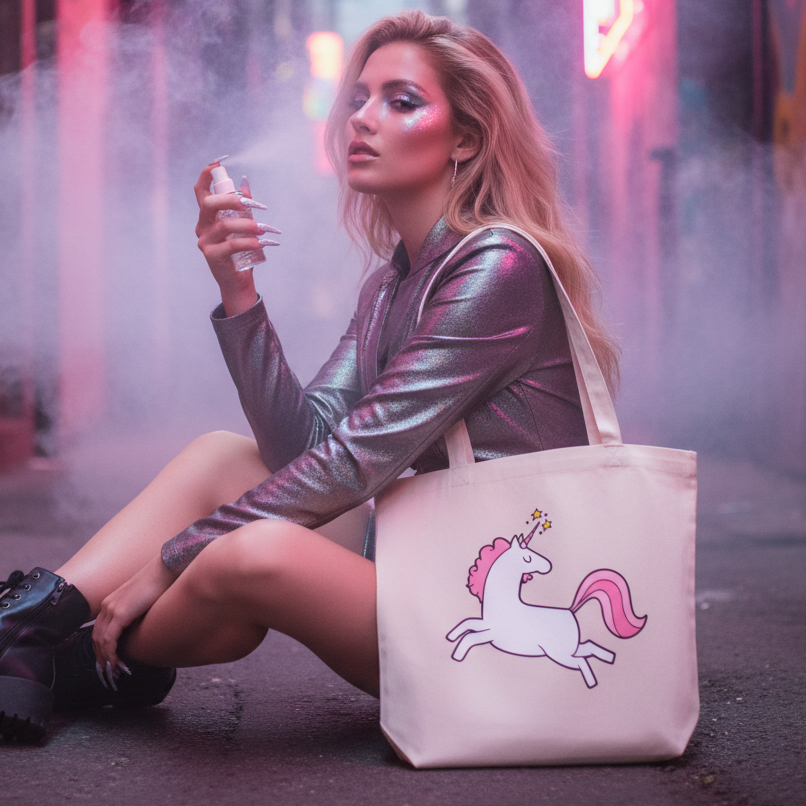 Young woman in a neon alley holds a spray bottle beside her Unicorn Eco Tote Bag, featuring a cartoon unicorn design. The scene embodies bold self-expression, empowerment, and colorful queer visibility.