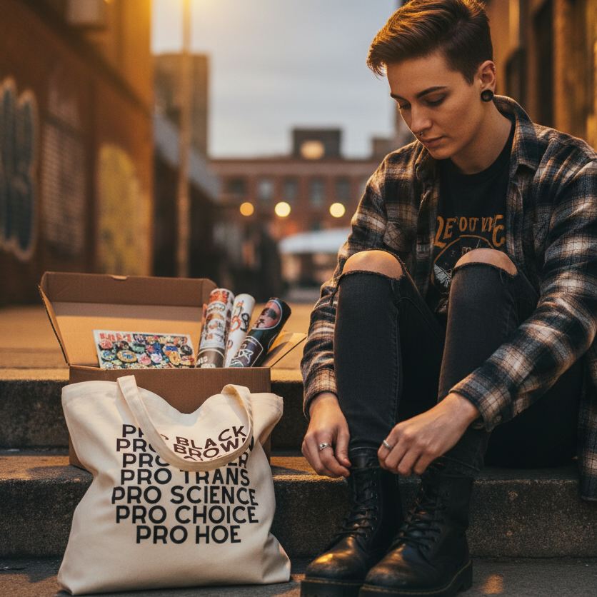 Young person lacing black combat boots with a Pro Hoe Eco Tote Bag beside them, displaying empowering phrases. The cotton tote is perfect for making a bold, prideful statement while eco-conscious.