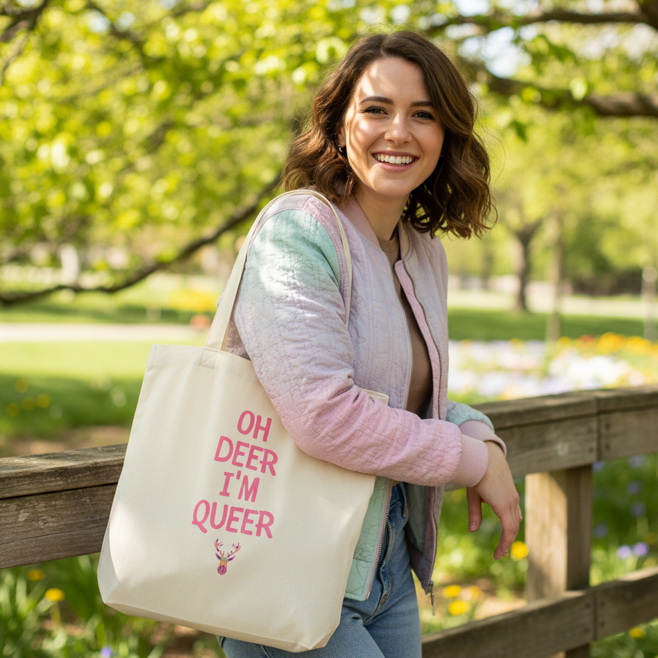 Young person outdoors with Oh Deer I'm Queer Eco Tote Bag, featuring bold pink text and deer graphic. The organic cotton bag complements their casual, prideful style, embodying empowerment and self-expression.