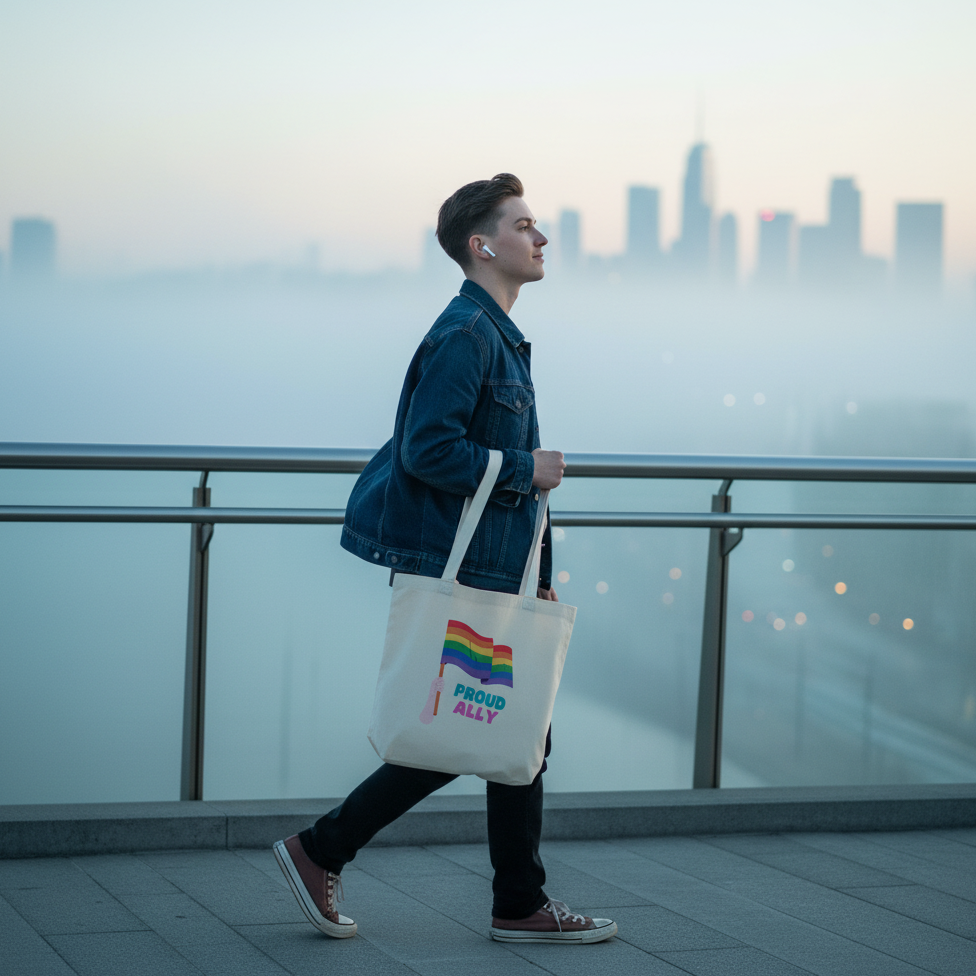 Person struts confidently on a misty bridge, carrying the Proud Ally Eco Tote Bag featuring a vibrant rainbow pride flag. The organic cotton tote is perfect for expressing pride and self-expression.