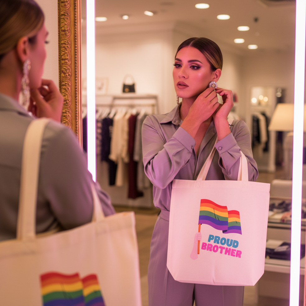 A person adjusts a sparkly earring while holding the Proud Brother Eco Tote Bag, featuring a rainbow pride flag. This organic cotton bag embodies LGBTQIA+ pride and eco-conscious self-expression.