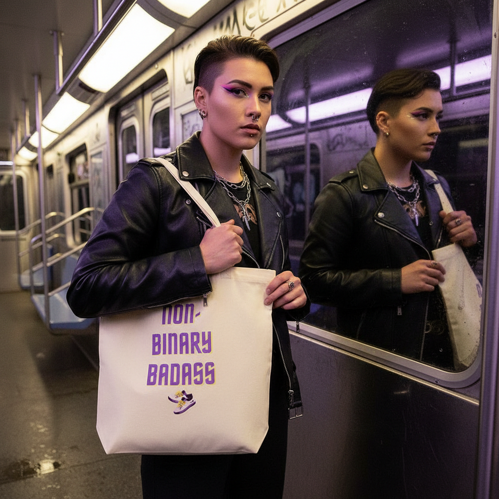 Non-binary “Badass” tote bag carried by a person on a subway train