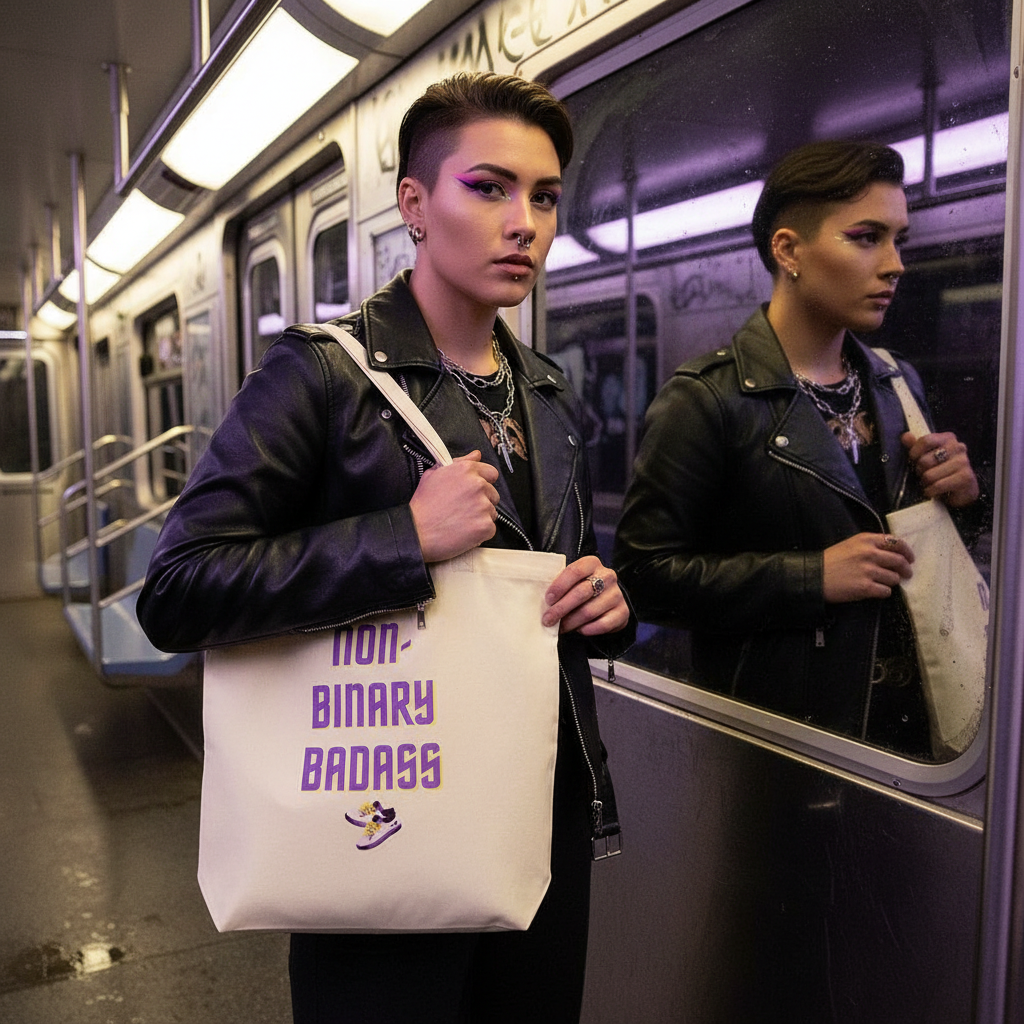 Non-binary “Badass” tote bag carried by a person on a subway train