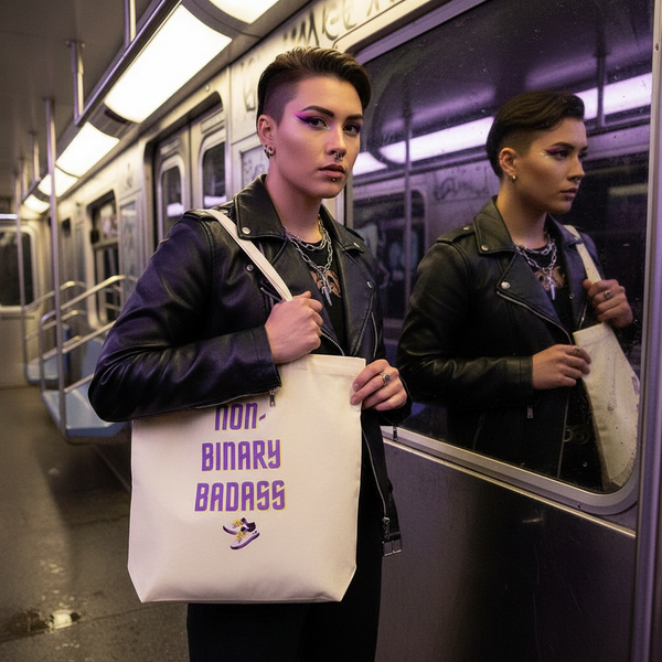 Non-binary “Badass” tote bag carried by a person on a subway train