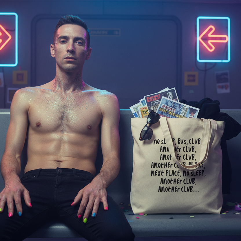 Cream eco tote bag printed with “No Sleep, Bus, Club, Another Club” beside a seated model