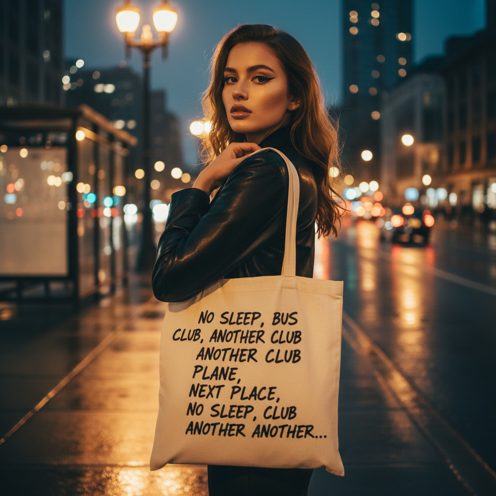 Young woman exuding pride in a vibrant cityscape, showcasing the No Sleep, Bus, Club, Another Club Eco Tote Bag. Crafted from organic cotton, this tote embodies bold, queer self-expression and eco-conscious living.