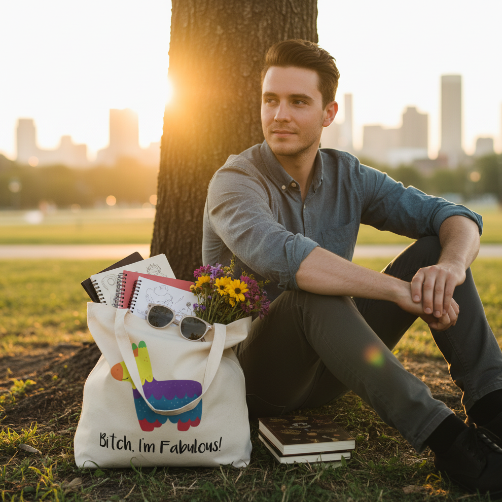Young man in park with Bitch, I'm Fabulous! Eco Tote Bag, featuring a colorful llama graphic. Bag holds wildflowers, sunglasses, notebooks, and exudes prideful, confident, queer energy, embodying eco-friendly self-expression.