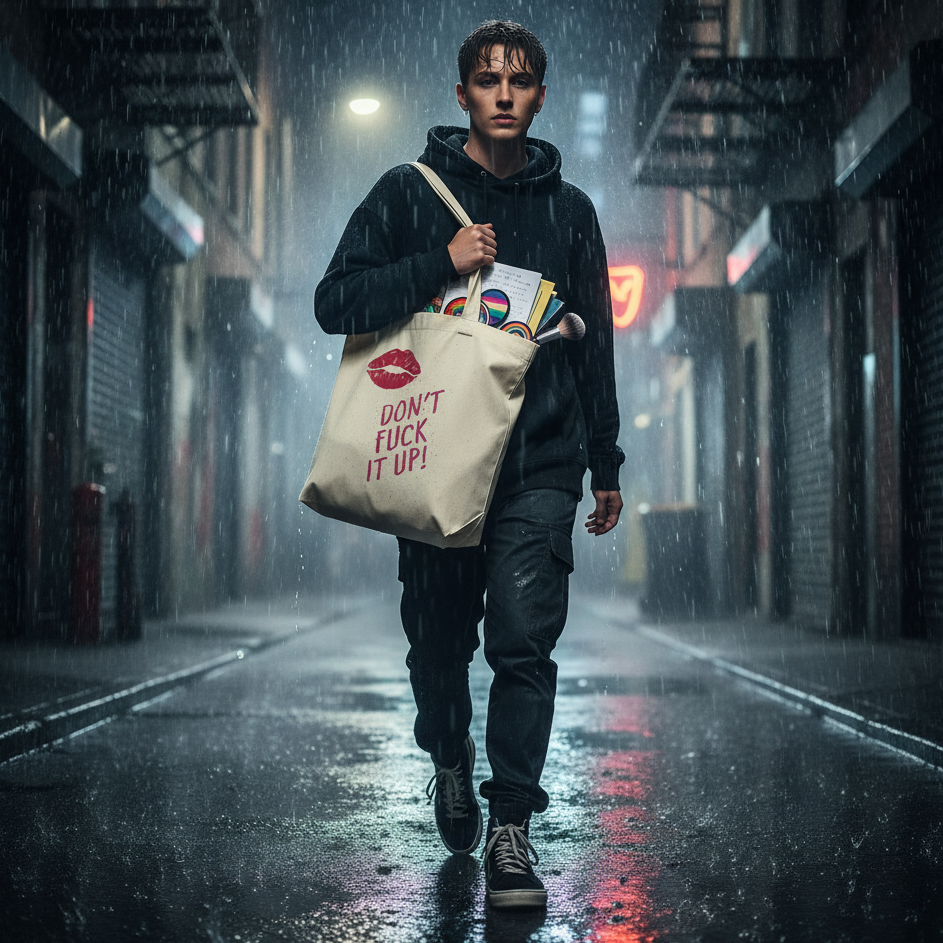 Don't Fuck It Up! Eco Tote Bag: A young person confidently strides through a rain-soaked alley, showcasing their bold statement tote with lipstick print, filled with art supplies. Perfect for expressive, eco-conscious living.