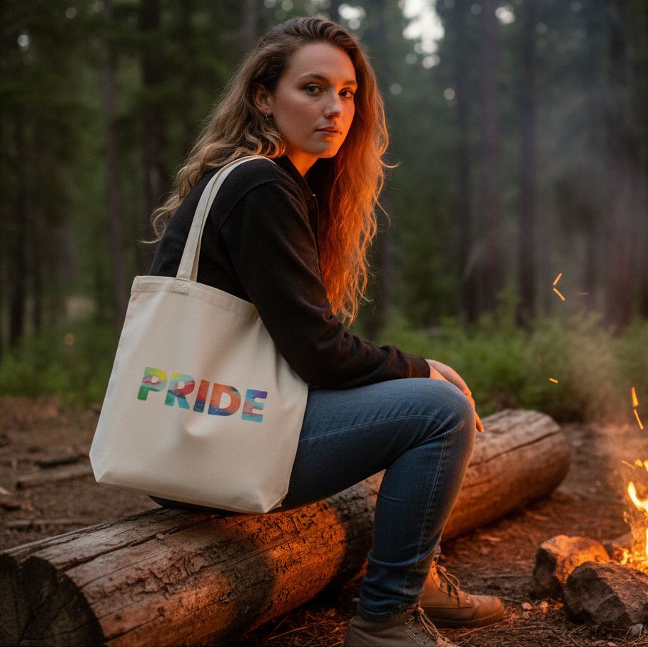 Pride Eco Tote Bag with “PRIDE” in rainbow letters, carried by a long-haired woman in a black jacket at a forest campfire.