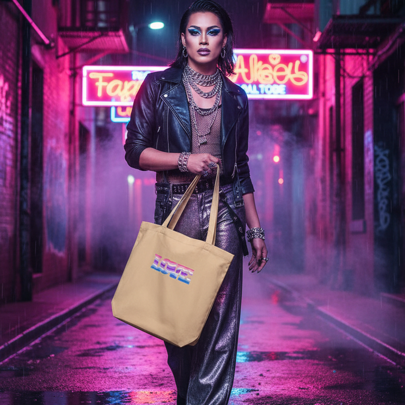 A person in vibrant drag carries the Alternative Genderfluid Love Eco Tote Bag, showcasing LOVE in rainbow stripes, amidst neon lights. They embody pride and eco-consciousness with confident, bold fashion.