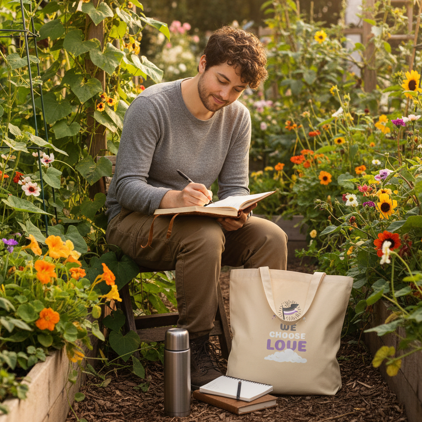 A young man sketches in a garden, beside him sits the Asexual We Choose Love Eco Tote Bag, a canvas bag celebrating pride with a bold rainbow graphic, advocating eco-consciousness and self-expression.