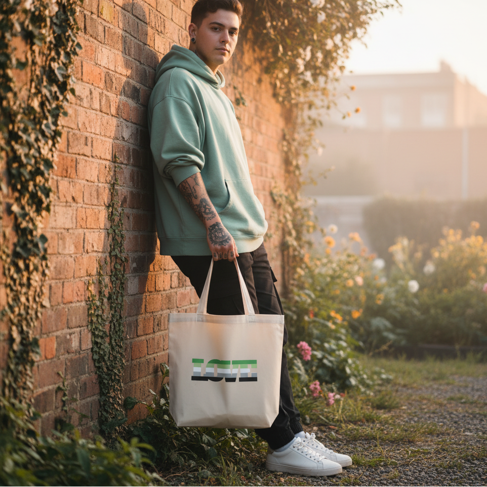 Young person in mint-green hoodie and black pants holds the Aromantic Love Eco Tote Bag, showcasing the word LOVE in bold stripes. The organic cotton tote embodies eco-conscious, prideful self-expression.