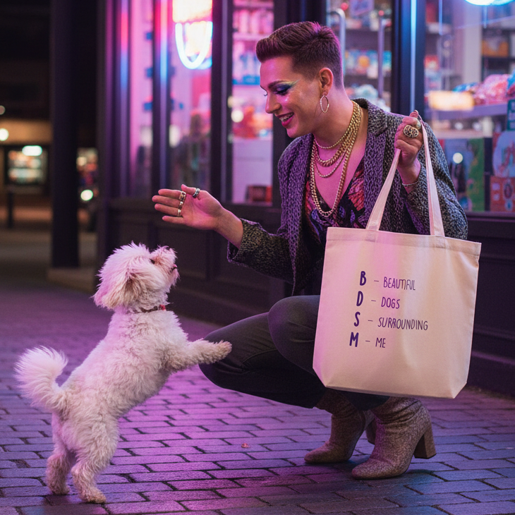 Fashionably crouched on a brick sidewalk, a person with bold style greets a fluffy dog, showcasing the Bdsm (Beautiful Dogs Surrounding Me) Eco Tote Bag, a statement piece in organic cotton.