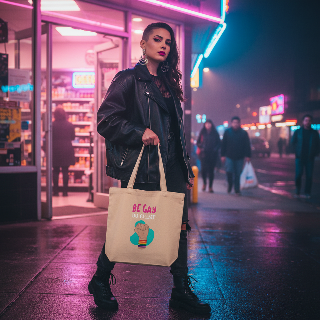 Young person in a black leather jacket proudly holding the Be Gay Do Crime Eco Tote Bag, featuring a rainbow fist design, embodying bold queer pride and eco-conscious style on a neon-lit city sidewalk.