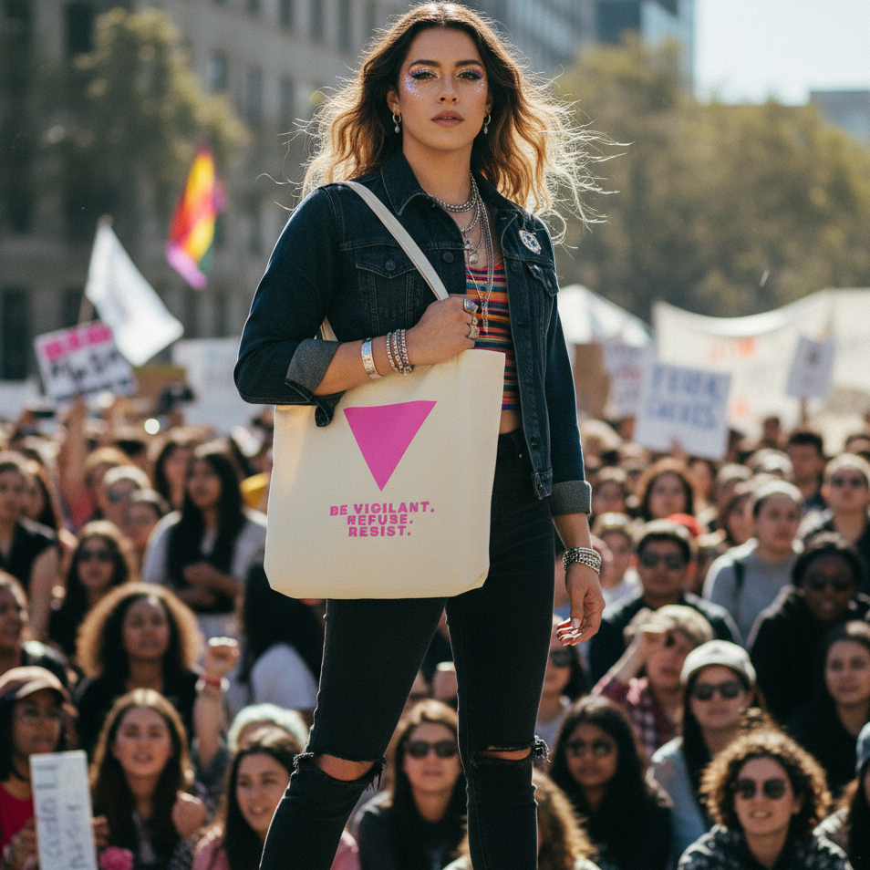 Person wearing a denim jacket and holding a cream tote reading “BE VIGILANT. REFUSE. RESIST.” at a rally