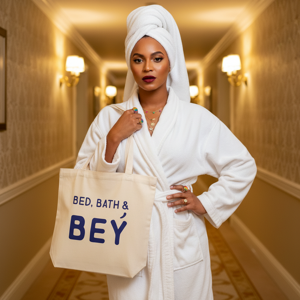 Model in a white robe and towel turban holds a “BED, BATH & BEY” tote