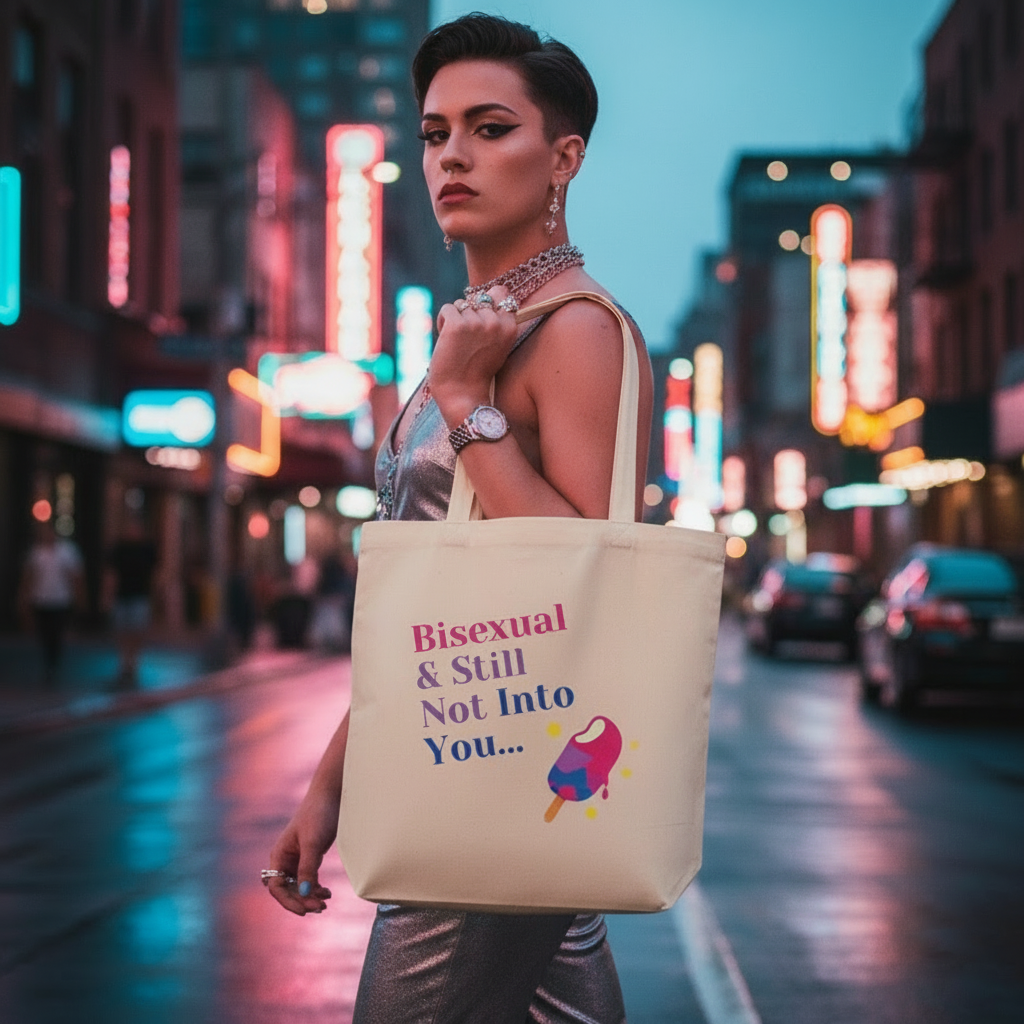 Person flaunting a Bisexual & Still Not Into You Eco Tote Bag in a metallic outfit, embodying queer pride and self-expression on a vibrant, wet city street. The tote is organic cotton, spacious, and eco-friendly.