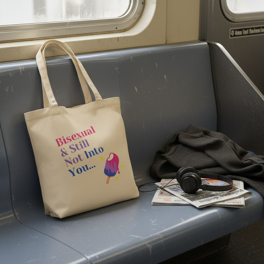 Beige organic cotton tote bag reads "The Bisexual & Still Not Into You" with ice cream graphic, on gray subway seat by black coat.