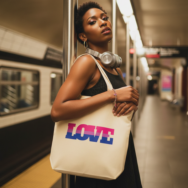 Model holding a cream tote with pink-and-blue “LOVE” lettering on a subway platform