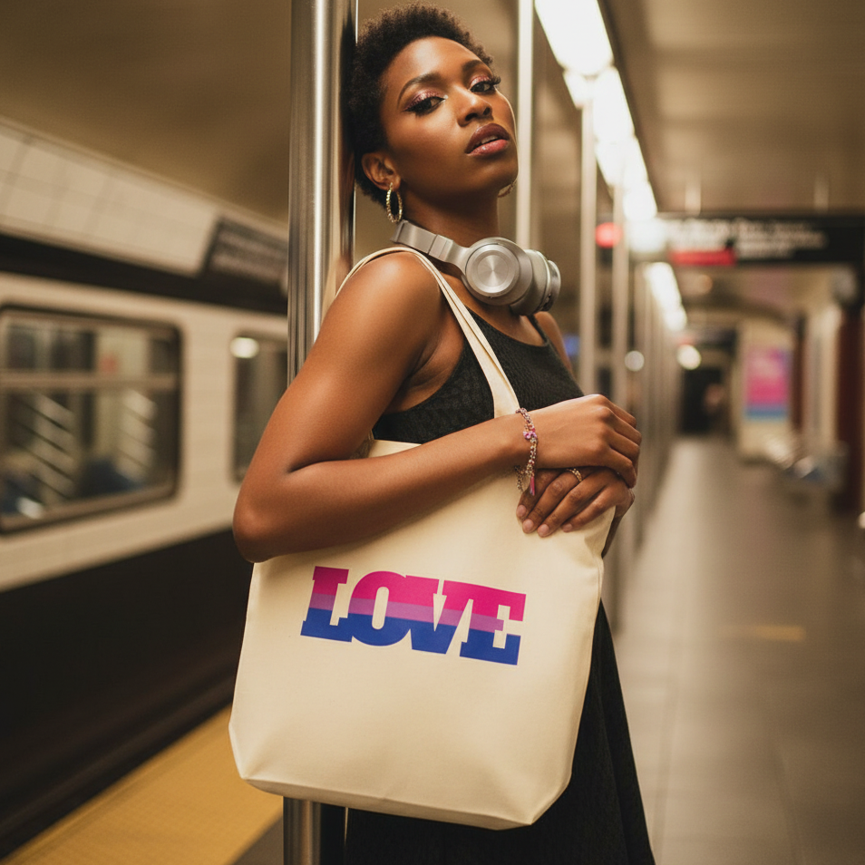 A young woman confidently displays the Bisexual Love Eco Tote Bag, a canvas tote with LOVE in bold pink and blue letters, embodying pride and sustainable style on a bustling subway platform.