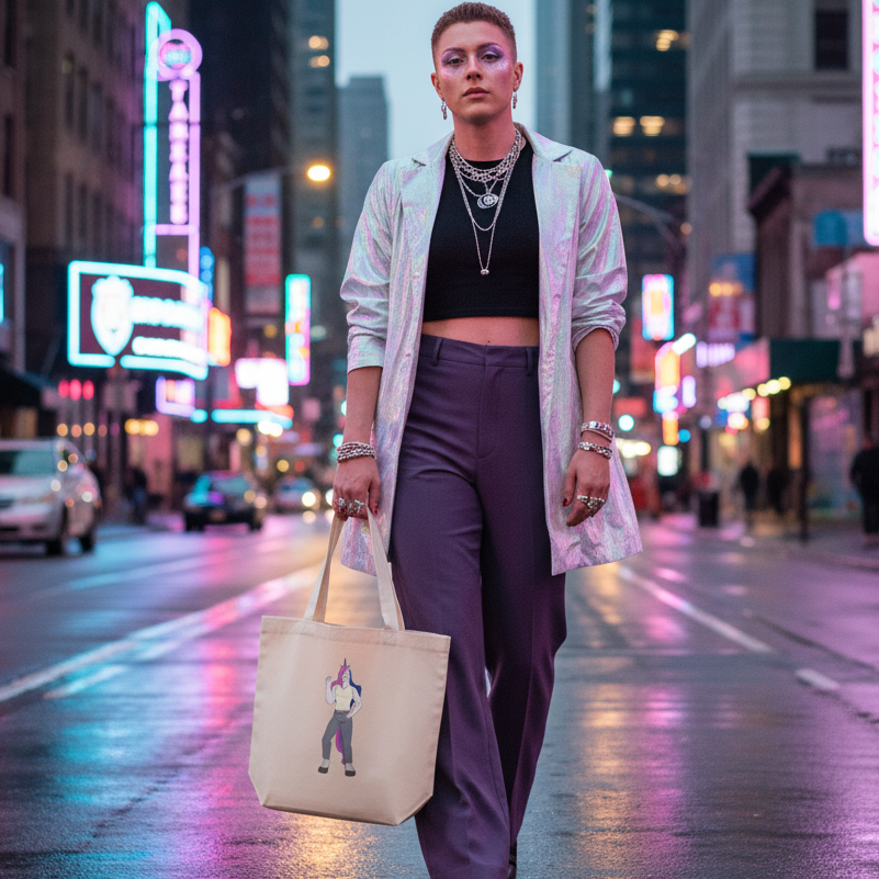 Person carrying a beige tote with a colorful unicorn figure on a neon-lit city street