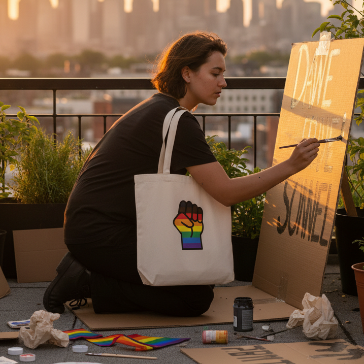 A young person paints a sign on a rooftop, wearing the BLM LGBT Resist Eco Tote Bag with a rainbow fist design, embodying pride, empowerment, and eco-consciousness in organic cotton.
