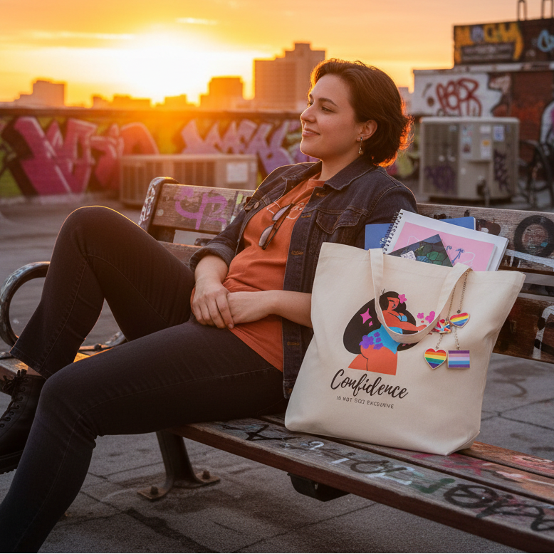 The Body Confidence Eco Tote Bag, adorned with prideful heart charms and an empowering illustration, sits packed with notebooks on a rooftop, embodying bold self-expression and sustainable style.