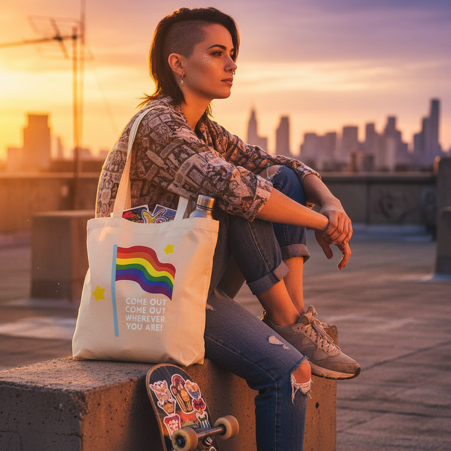Person sitting on a rooftop beside a canvas tote with a rainbow and “COME OUT COME OUT WHEREVER YOU ARE!”