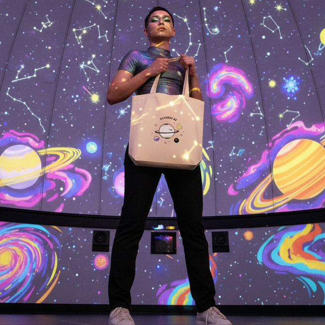Person holds a cream tote bag with a cartoon ringed planet in a starry space exhibit