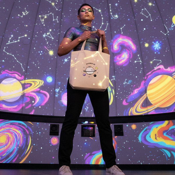 Person holds a cream tote bag with a cartoon ringed planet in a starry space exhibit