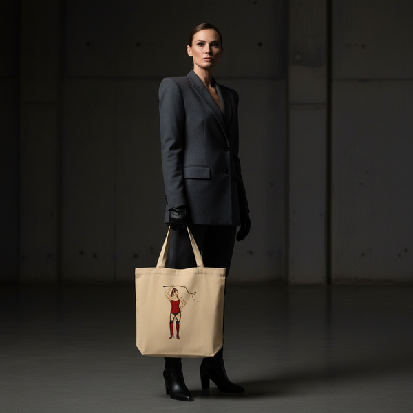 Dominatrix Eco Tote Bag with an illustrated femme in red and lasso, held by a woman in charcoal blazer, black gloves, boots.