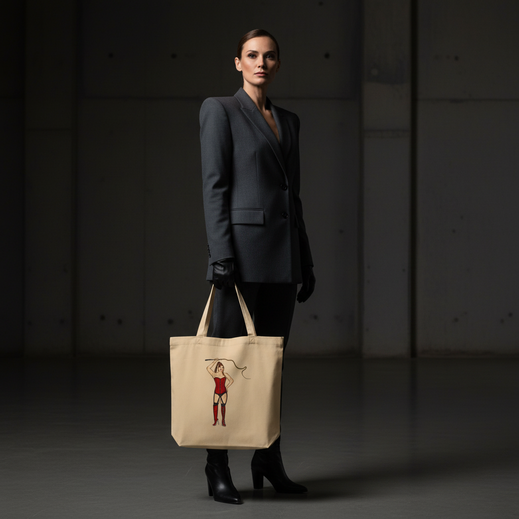 Dominatrix Eco Tote Bag with an illustrated femme in red and lasso, held by a woman in charcoal blazer, black gloves, boots.