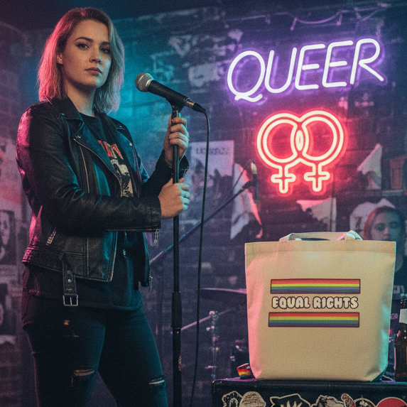 Equal Rights tote bag displayed beside a microphone on a neon-lit stage