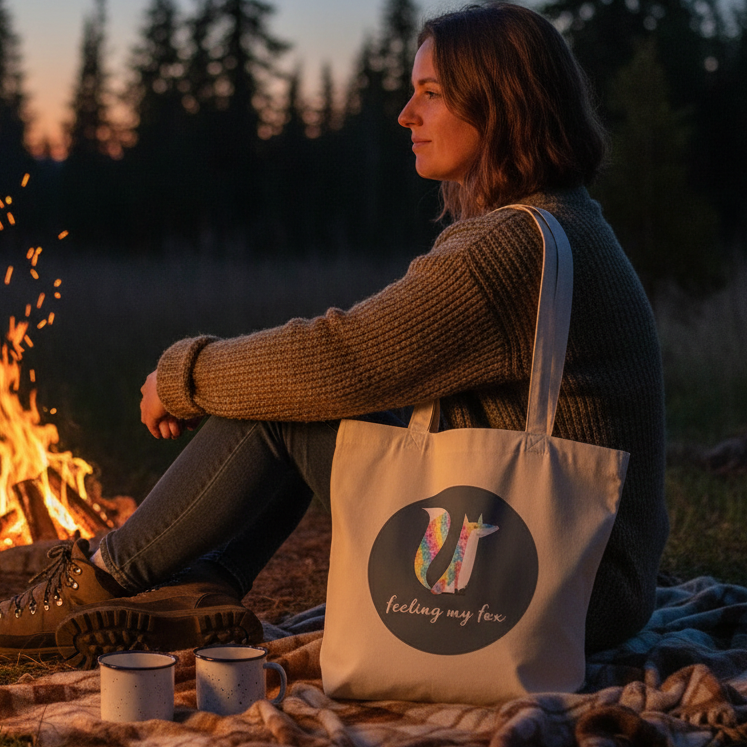 Person enjoying a forest campfire with a Feeling My Fox Eco Tote Bag, featuring a vibrant fox design, promoting queer pride and self-expression, alongside enamel mugs, embodying eco-consciousness and adventure.