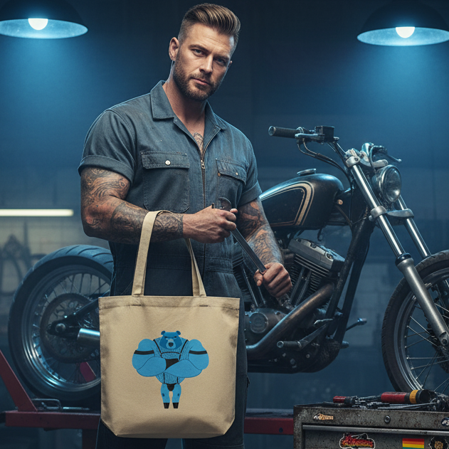 Muscular man in mechanic jumpsuit holds a Fetish Gay Bear Eco Tote Bag featuring a blue bear print, embodying pride and self-expression in a vintage motorcycle workshop.