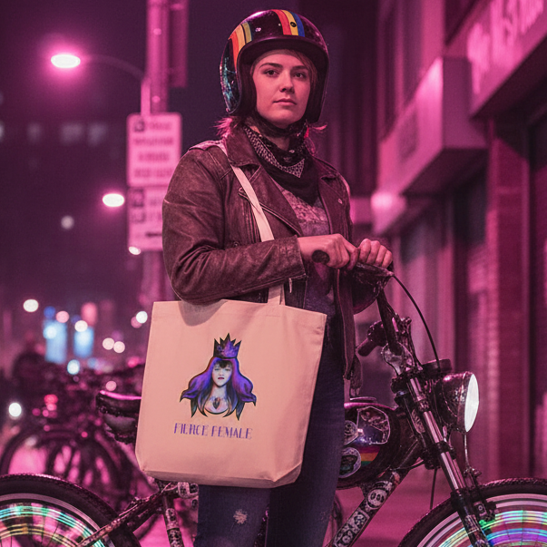 Young woman on a city street holds a bicycle, showcasing the Fierce Female Eco Tote Bag with a crowned woman illustration. This organic cotton tote embodies pride, empowerment, and eco-conscious style.